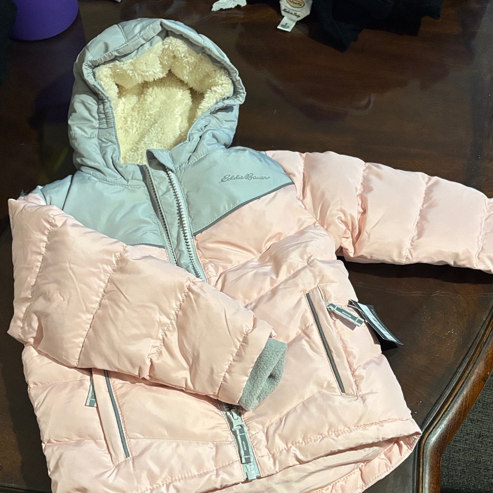 Eddie Bauer Pink and Gray Hooded Puffer Jacket